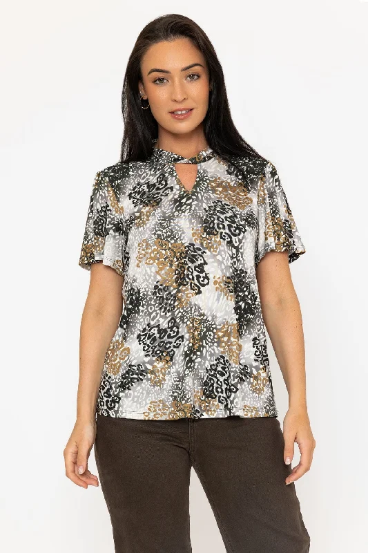 Leopard Print Knot Neck Short Sleeve Top